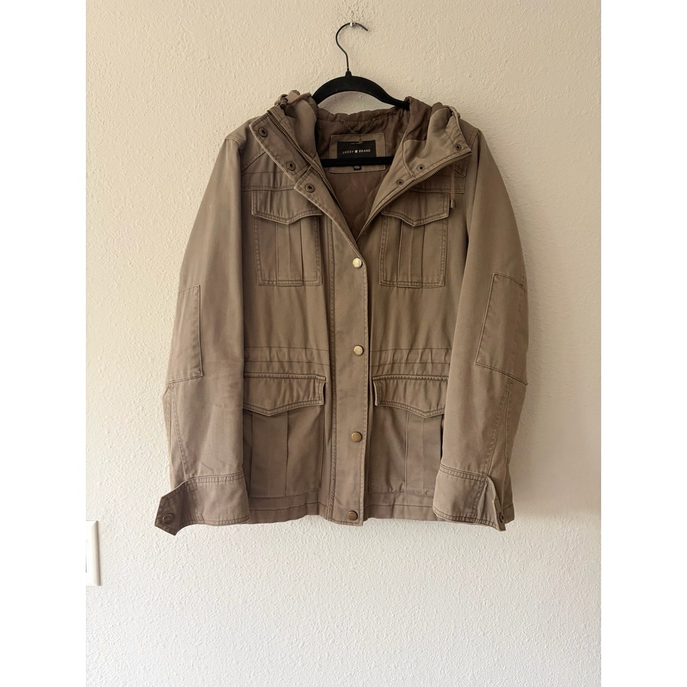Lucky Brand Womens Anorak Hooded Jacket Khaki Cotton Twill Utility M